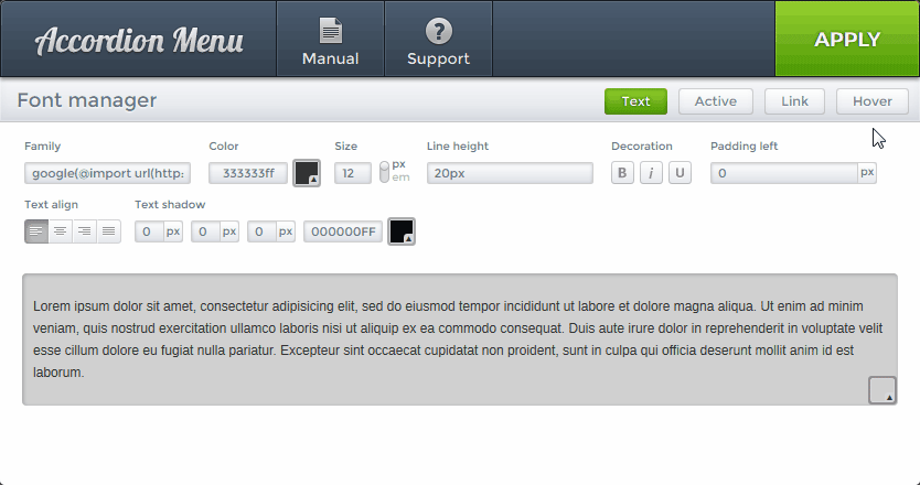 Font manager tabs